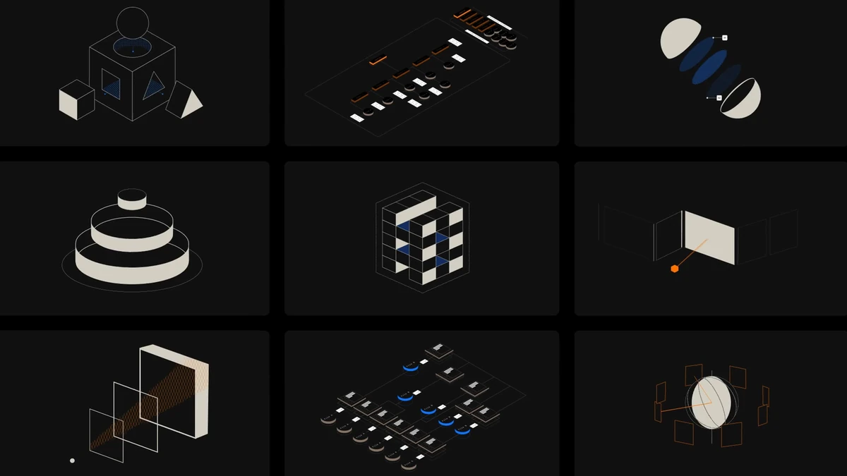 Cuadrícula de iconos 3D monocromos de Driver sobre negro