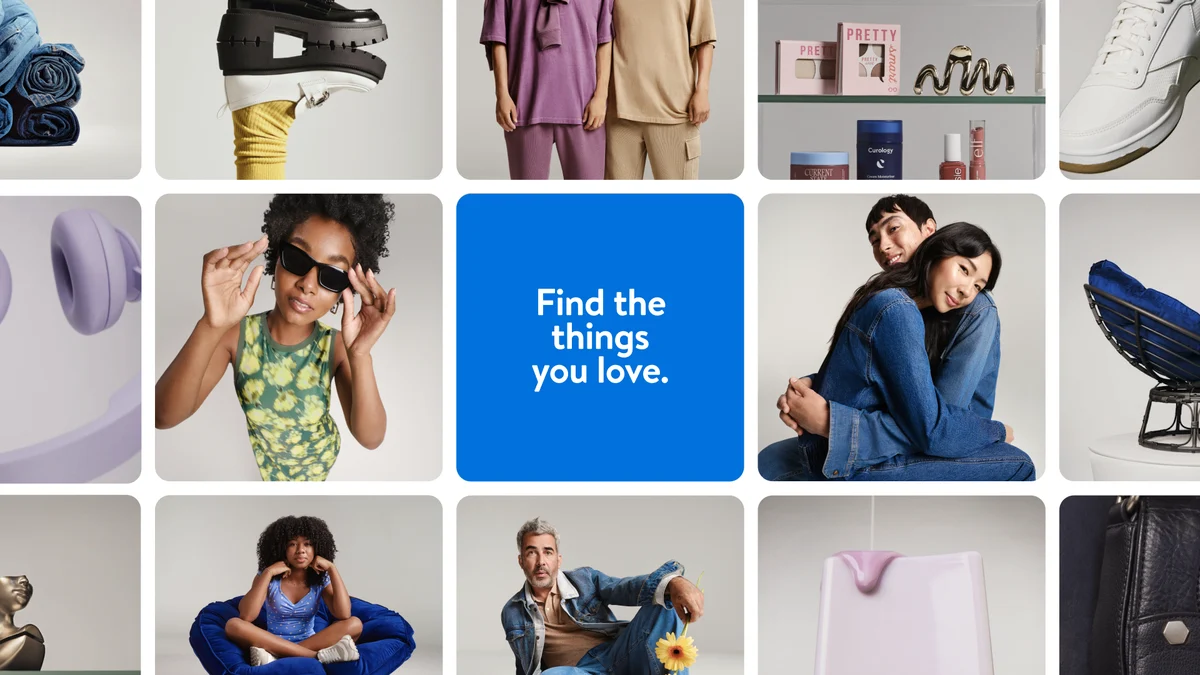 Retícula de fotos de productos de Etsy con una pieza azul: «Find the things you love.»