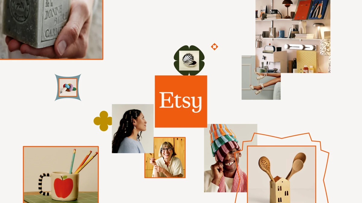 Collage de marca de Etsy con fotos de vendedores y productos