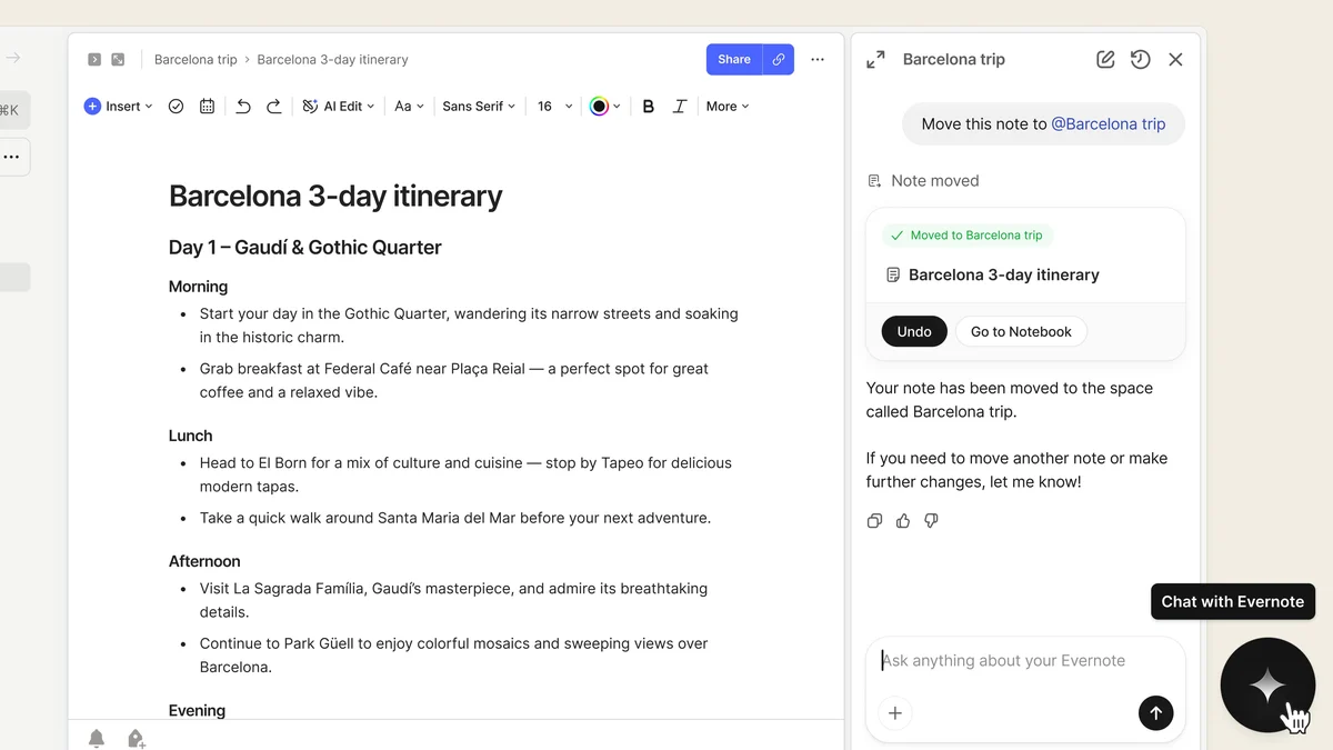 Evernote v11 note editor with a Barcelona trip itinerary