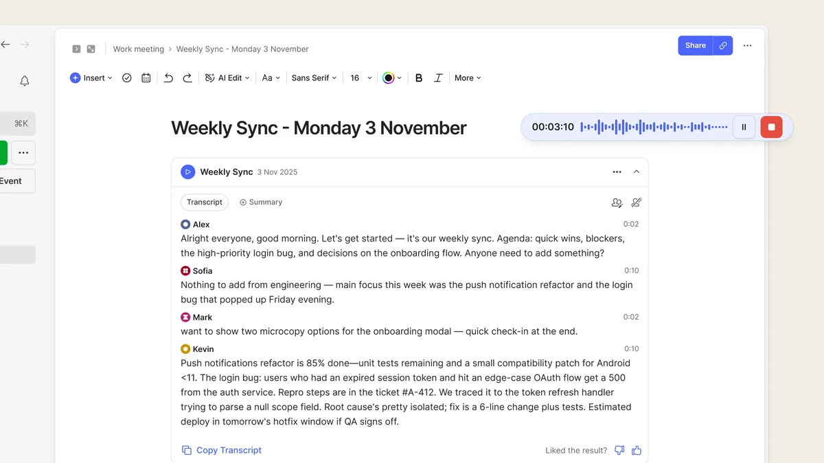 Evernote v11 'Weekly Sync' meeting note