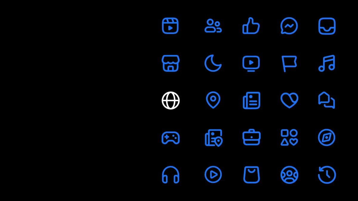 Grid of blue Facebook interface icons on black