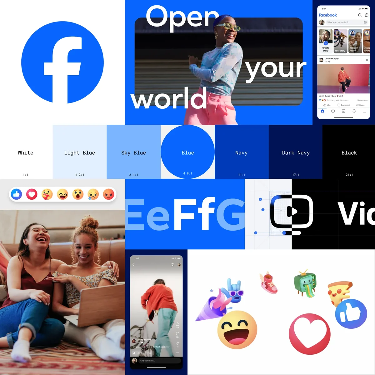 Facebook identity elements: 'f' logo, Facebook Sans, reactions