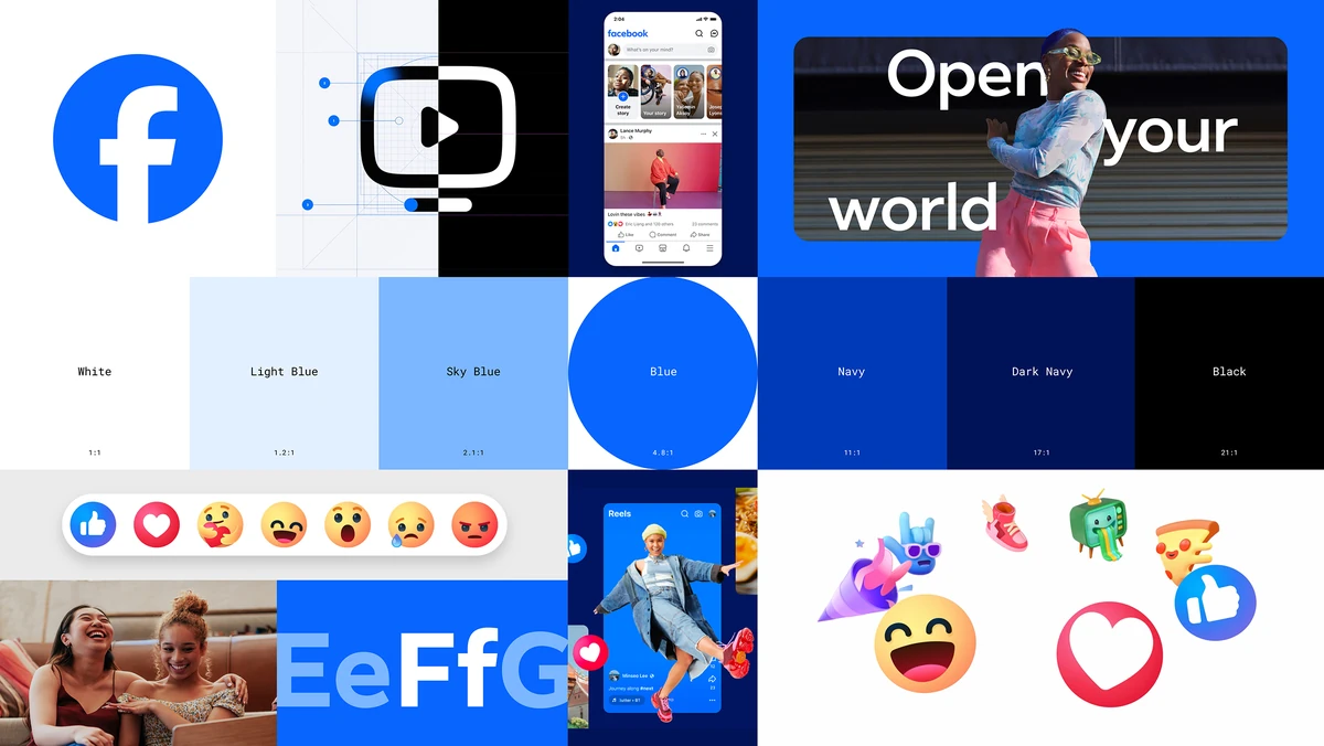 Facebook brand system collage: logo, type, reactions, colour