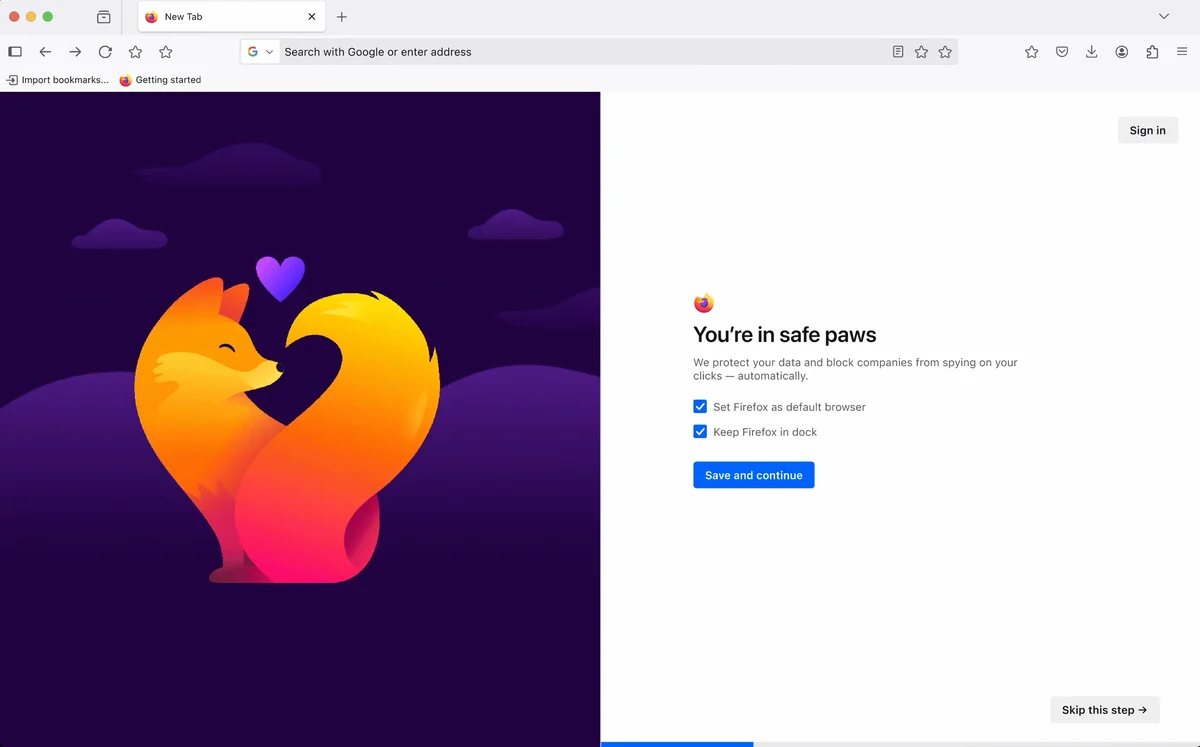 Pantalla de onboarding de Firefox con la mascota de Firefox en forma de corazón junto a un mensaje sobre proteger tus datos y bloquear el espionaje de empresas.