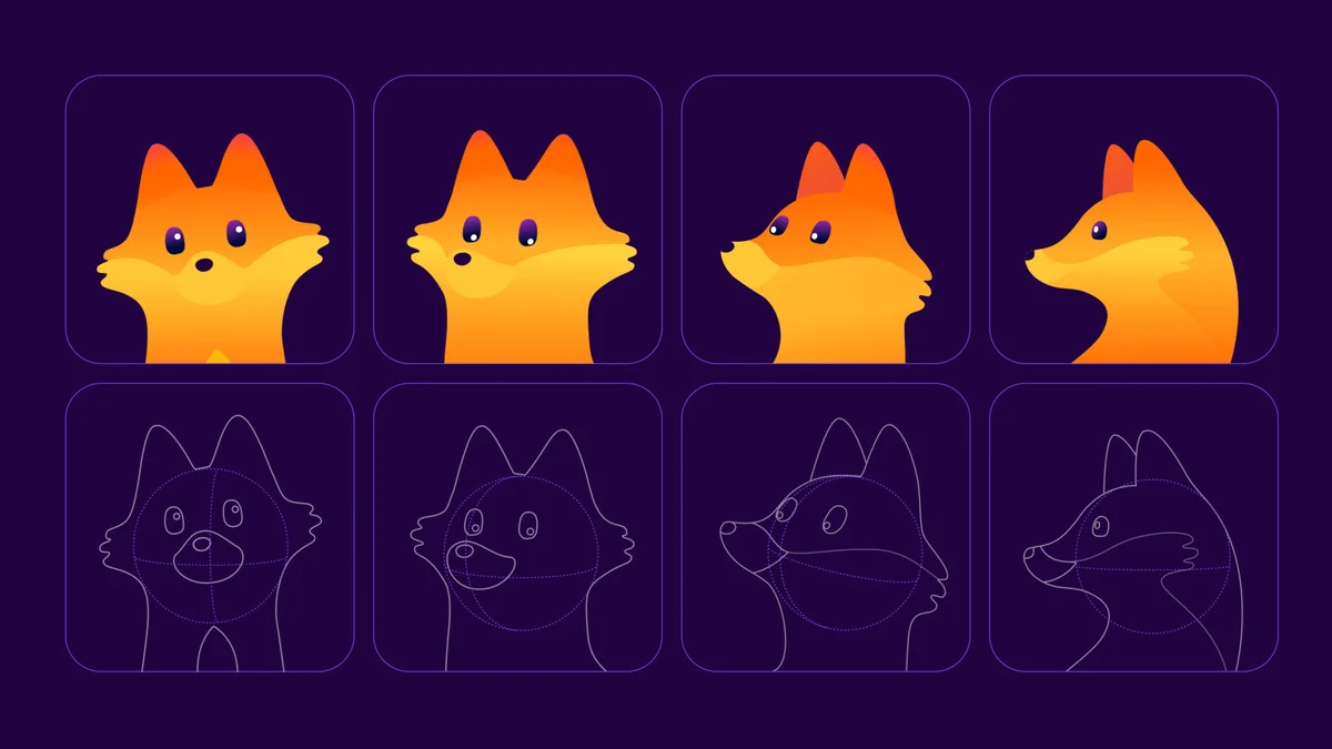 Expresiones faciales y bocetos de construcción de la mascota de Firefox que muestran vistas frontales y laterales sobre un fondo morado oscuro