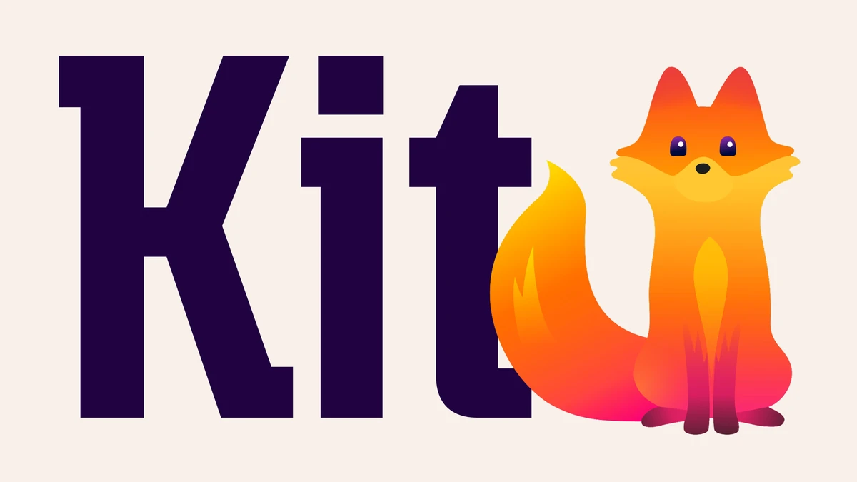 Mascota zorro «Kit» de Firefox junto a grandes letras moradas