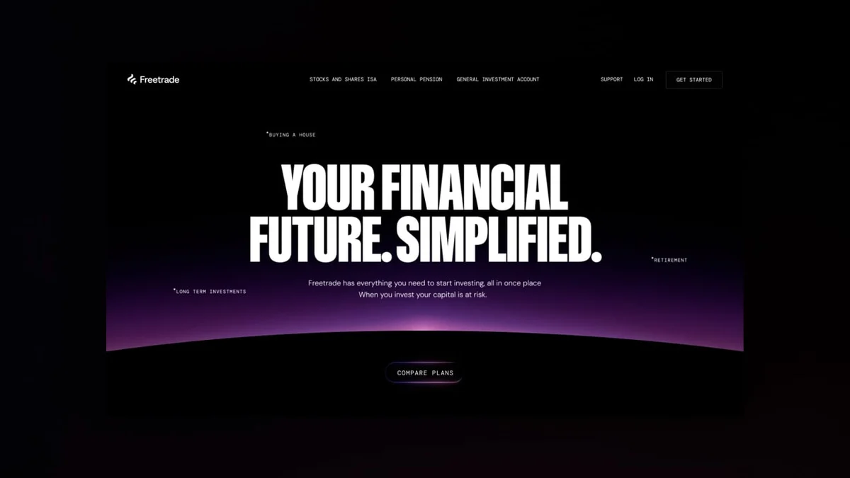 Hero del sitio de Freetrade: «Your financial future. Simplified.»