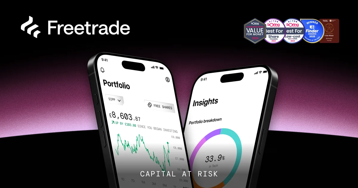 Pantallas de la app de Freetrade en teléfonos sobre un degradado oscuro
