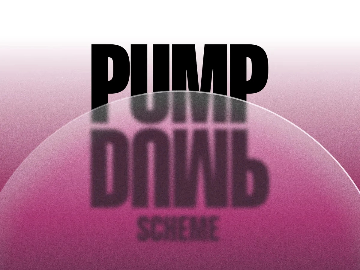 Cartel de campaña de Freetrade: «Pump & Dump Scheme» sobre un degradado rosa