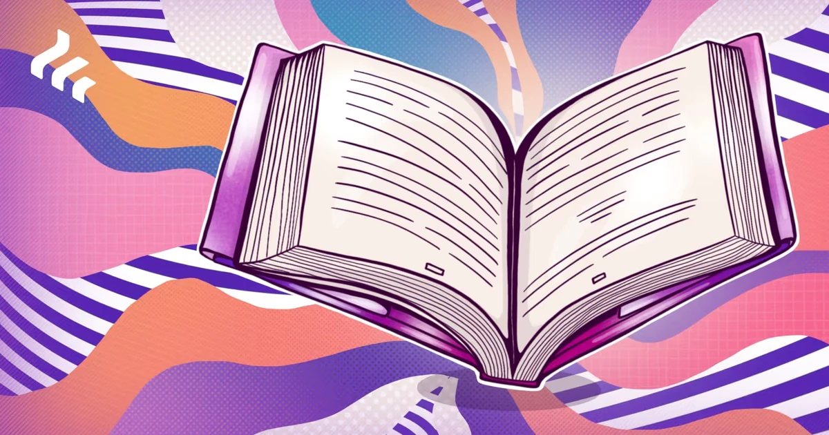 Ilustración de Freetrade de un libro abierto entre ondas moradas