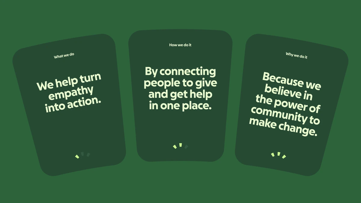 Tres tarjetas verdes de GoFundMe con mensajes de misión