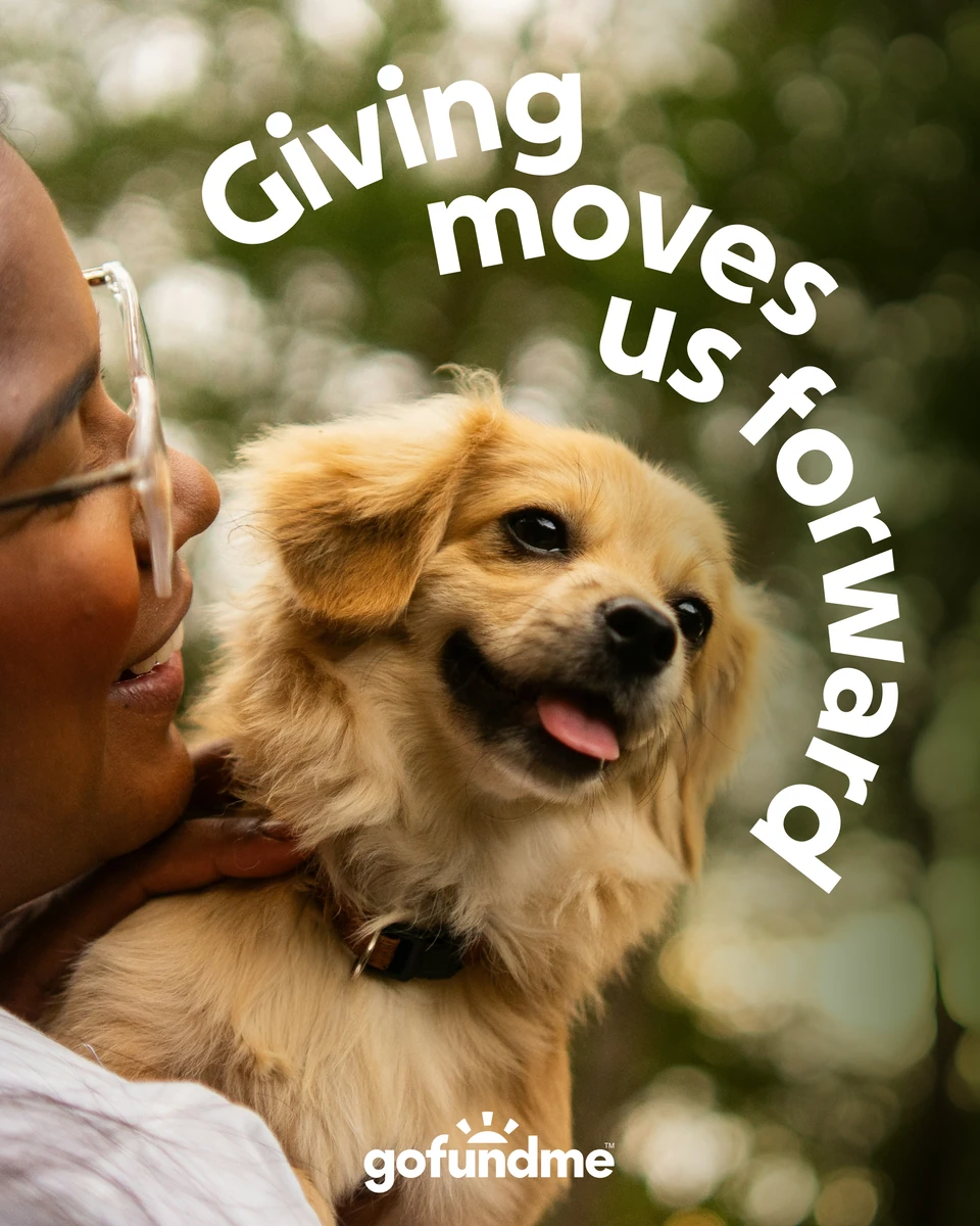 Póster de GoFundMe: «Giving moves us forward» con un perro