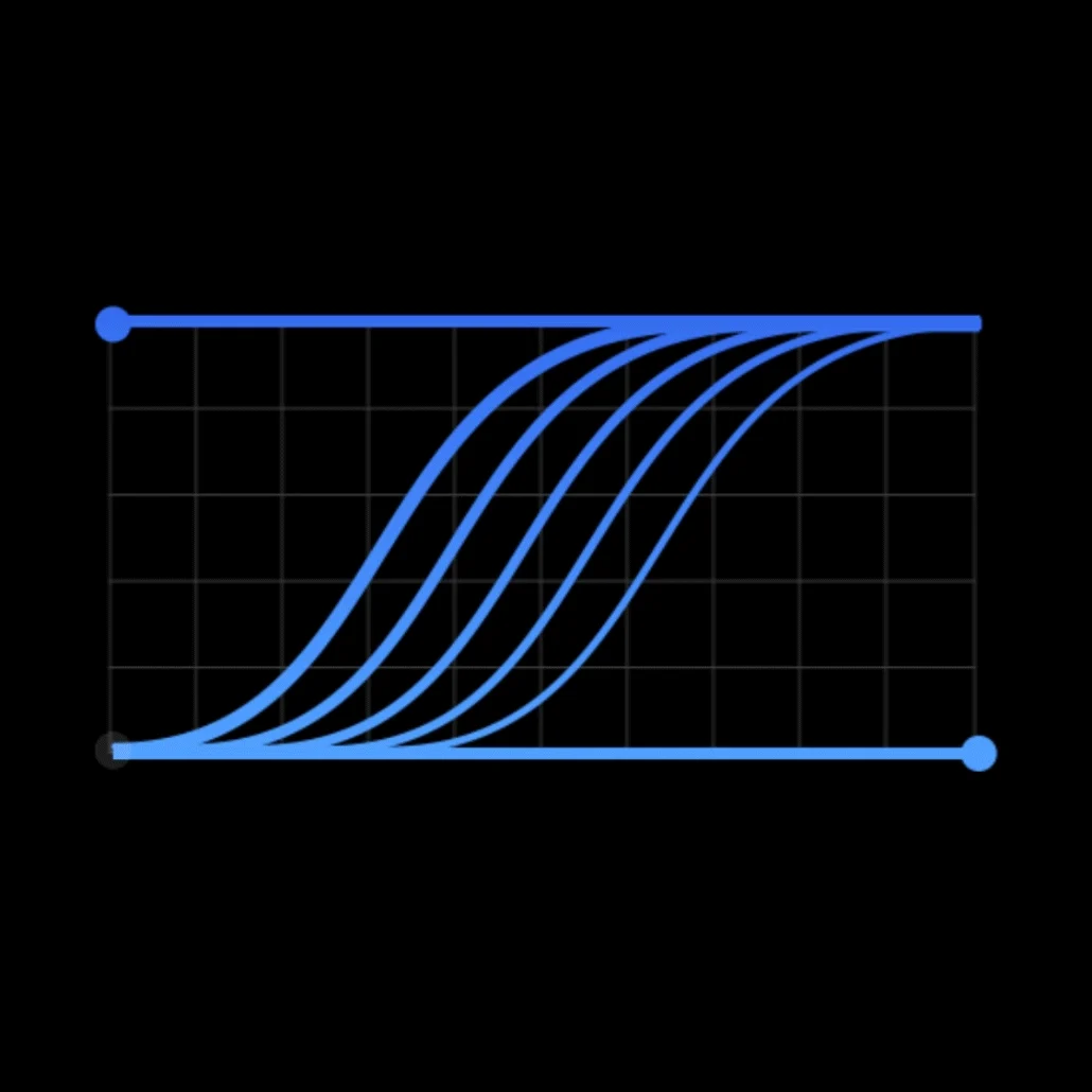 Un punto blanco viaja a lo largo de curvas cinéticas azules sobre una retícula, ilustrando una transferencia de energía fluida y velocidad