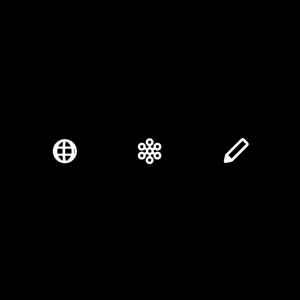 Iconos blancos que representan un globo terráqueo giratorio, un copo de nieve y un lápiz pulsan sobre un fondo negro para indicar nuevas funciones