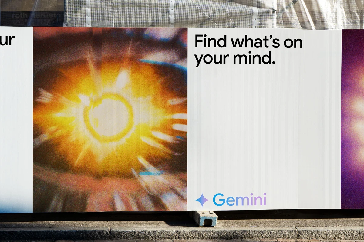 Anuncio de Gemini: «Find what's on your mind.» con una foto de un destello solar