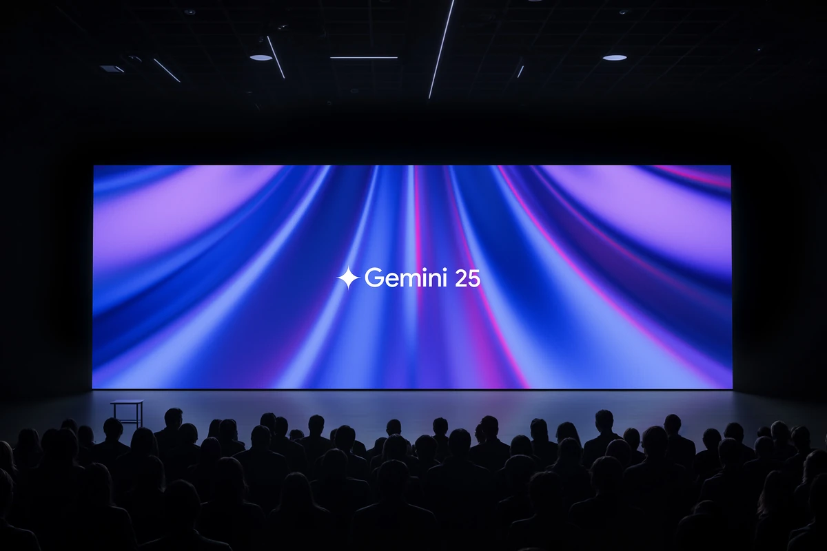 Escenario de la keynote de Gemini con rayos de luz azules
