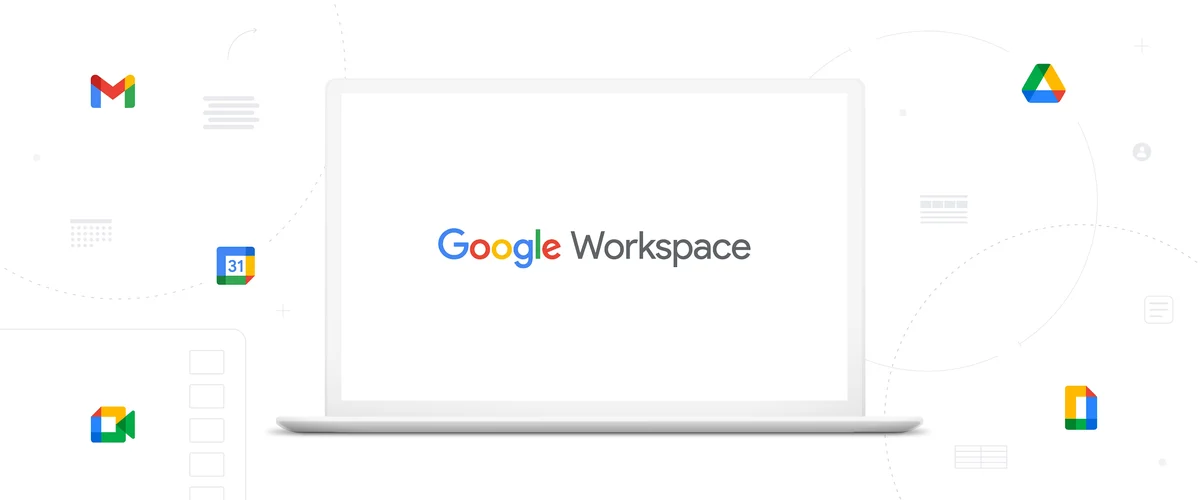 Google Workspace icons around a laptop
