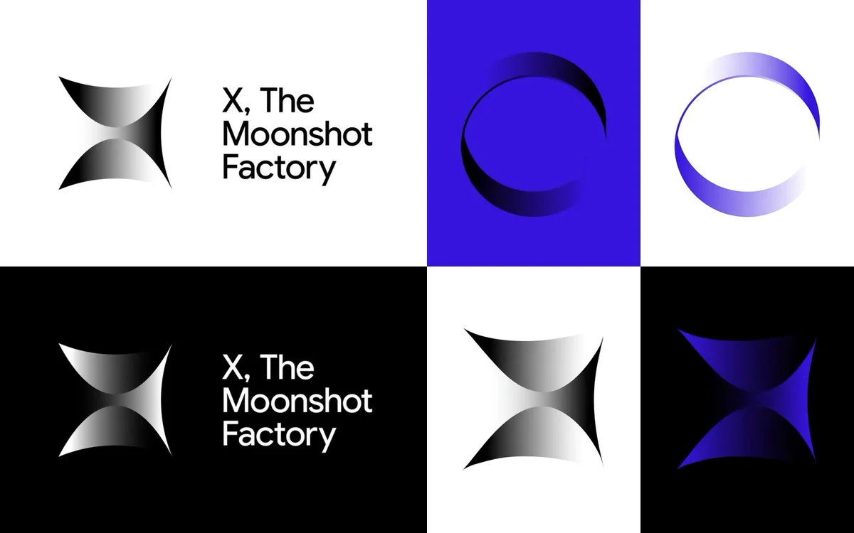X, the moonshot factory lockups in black, white and blue