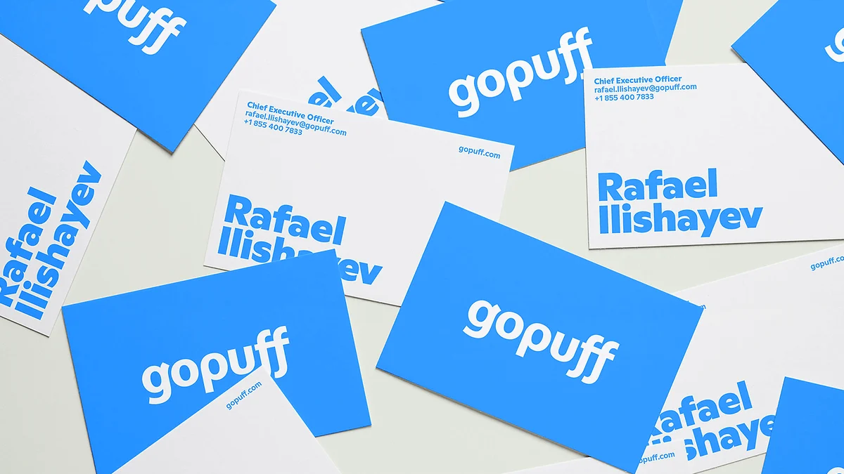 Gopuff business cards on blue
