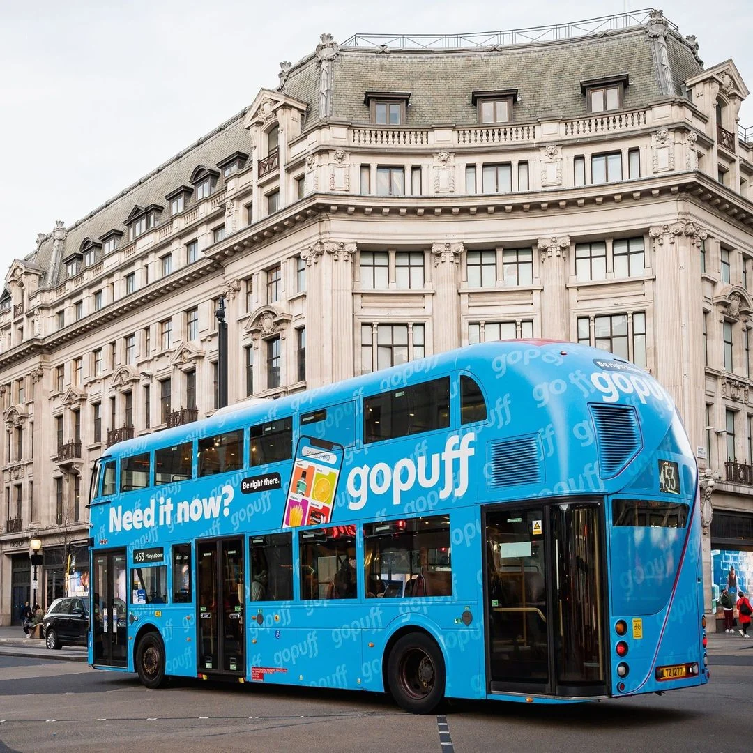 Gopuff-wrapped double-decker bus
