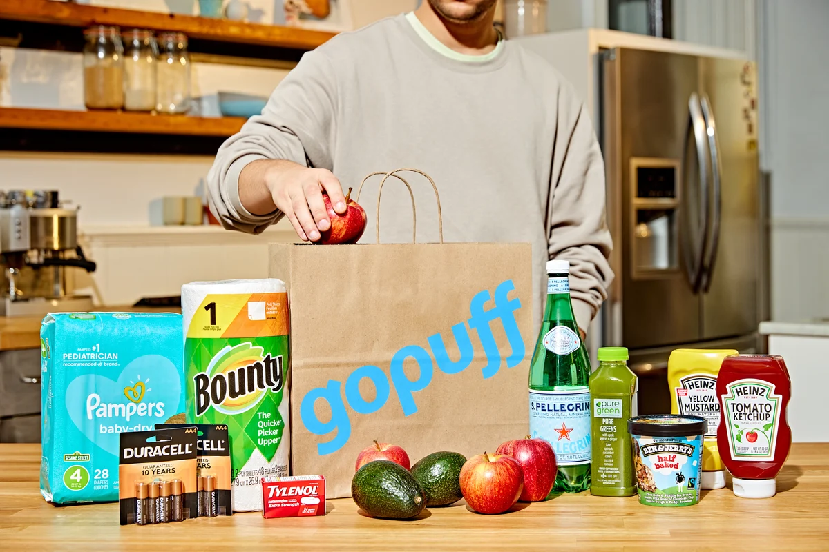 Gopuff delivery bag unpacked on a kitchen counter