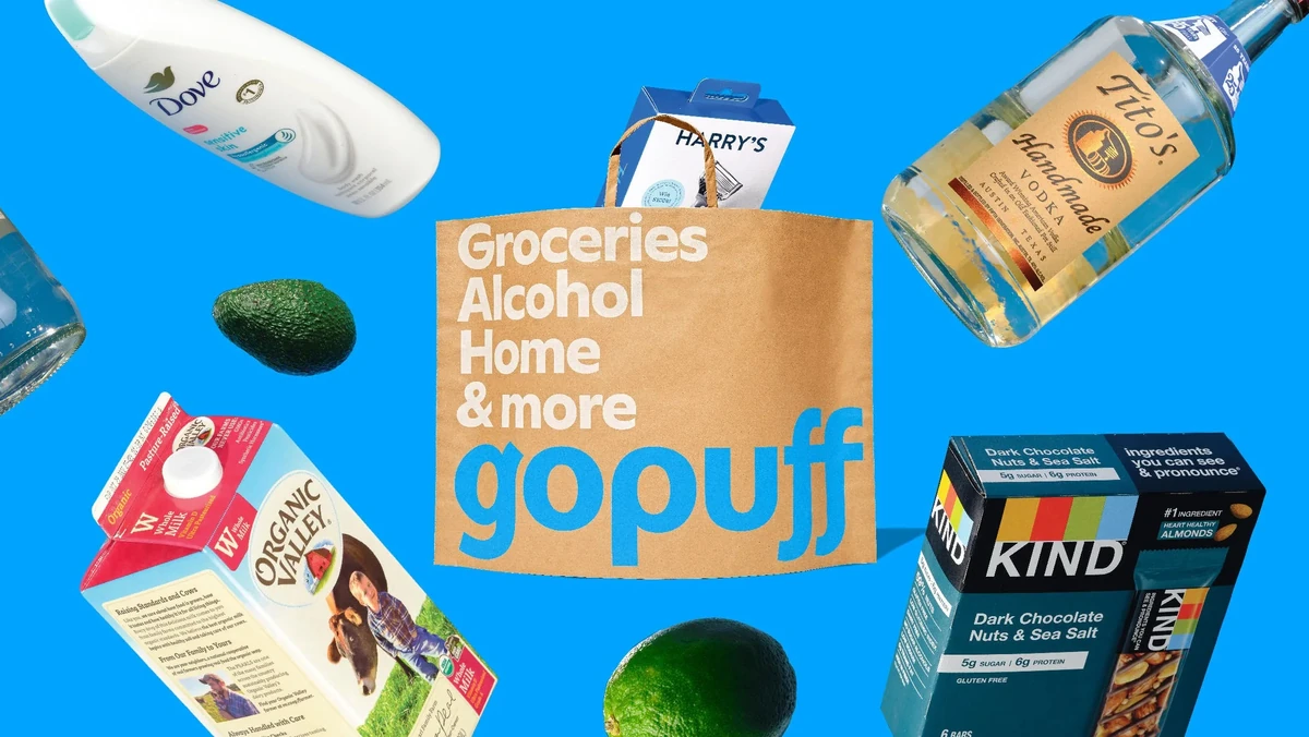 Gopuff ad with groceries on blue