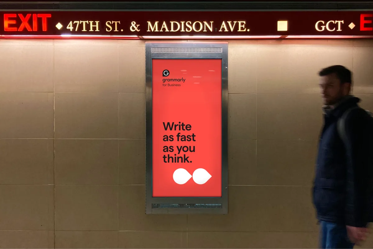 Subway poster in Rubrico red: "Write as fast as you think."