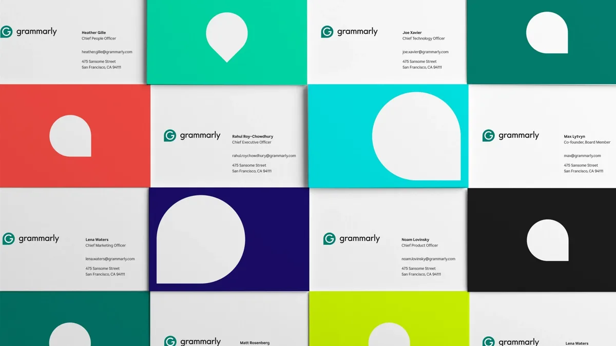 Identity system: business cards and container-shape elements in the new palette
