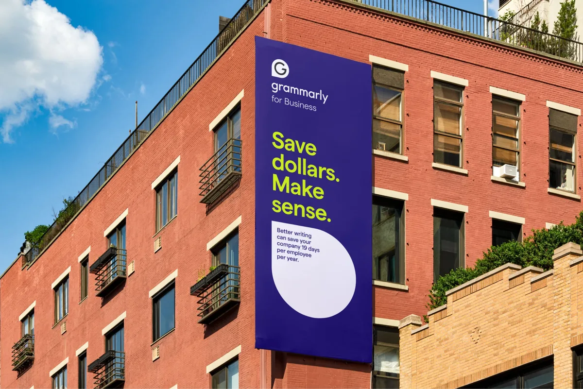 Building banner: "Save dollars. Make sense."