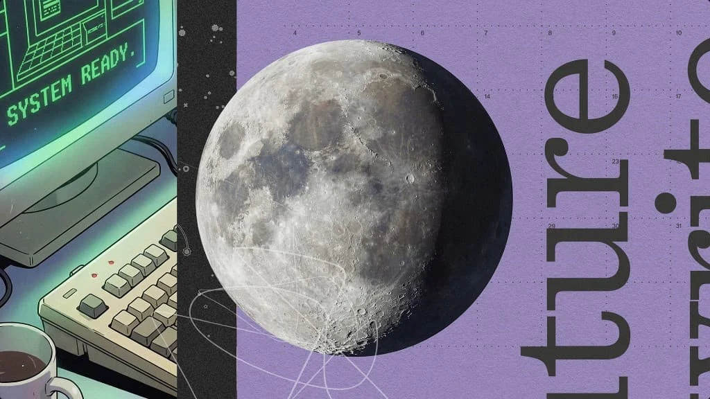 Collage editorial de Granola con un ordenador antiguo, la luna y tipografía con serifas sobre fondo lila