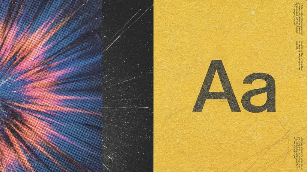 Collage de Granola que combina un destello naranja con «Aa» sobre fondo amarillo