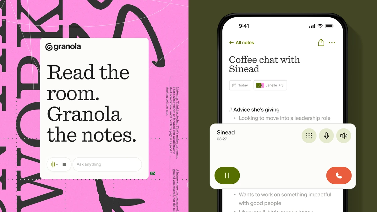 Pósteres e interfaz de teléfono de Granola: «Read the room. Granola the notes.»