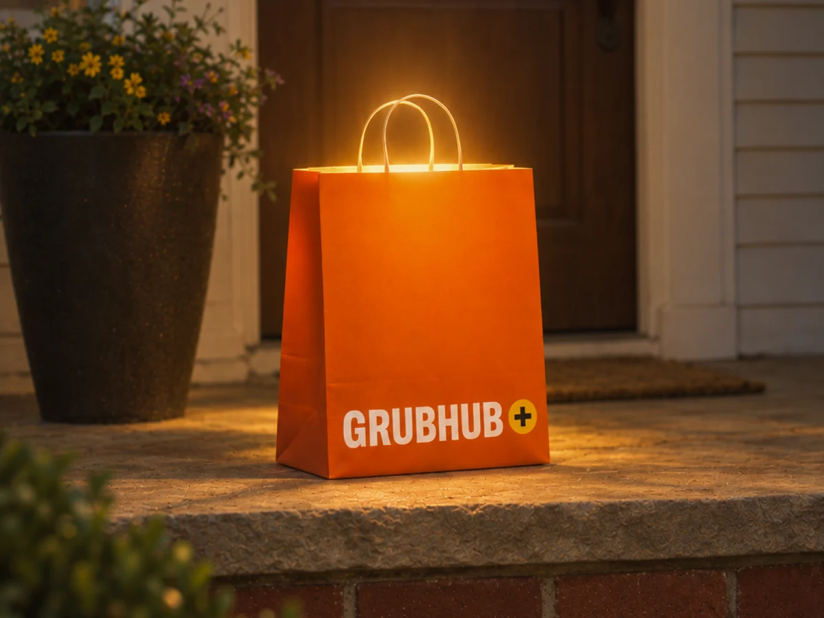 Bolsa naranja de Grubhub en un umbral al atardecer