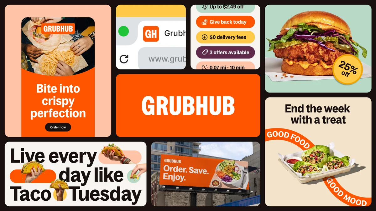 Composiciones para redes sociales y anuncios de Grubhub en naranja