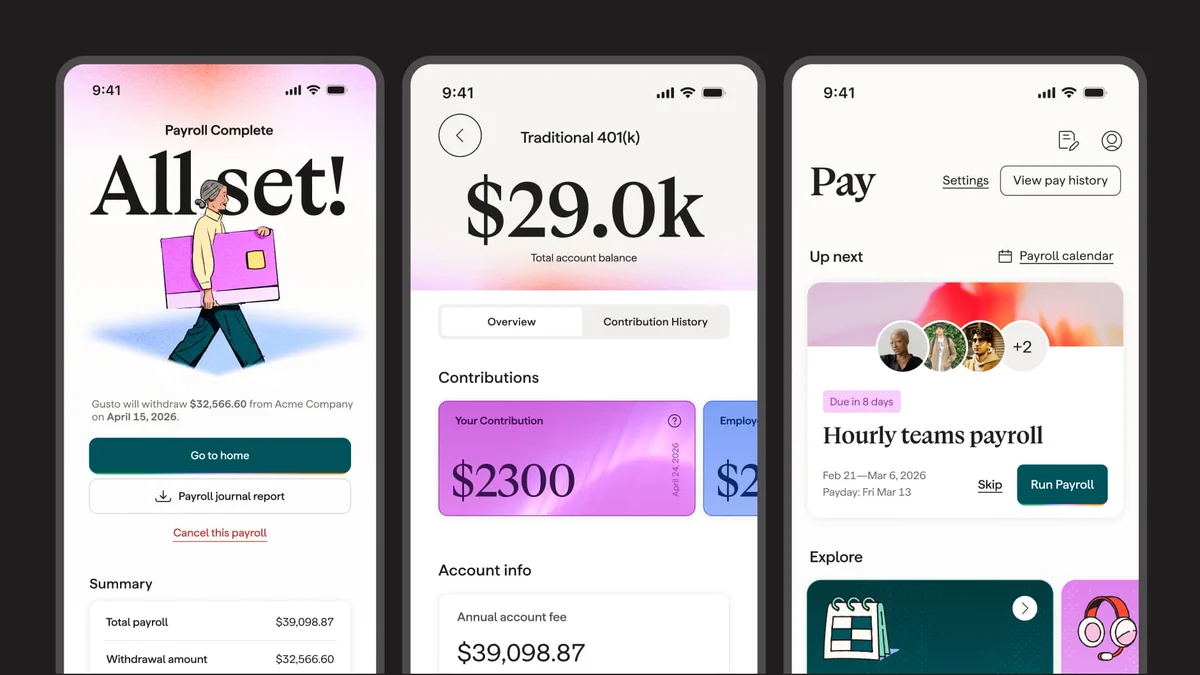 Pantallas de la app móvil de Gusto: nóminas, saldos y pagos