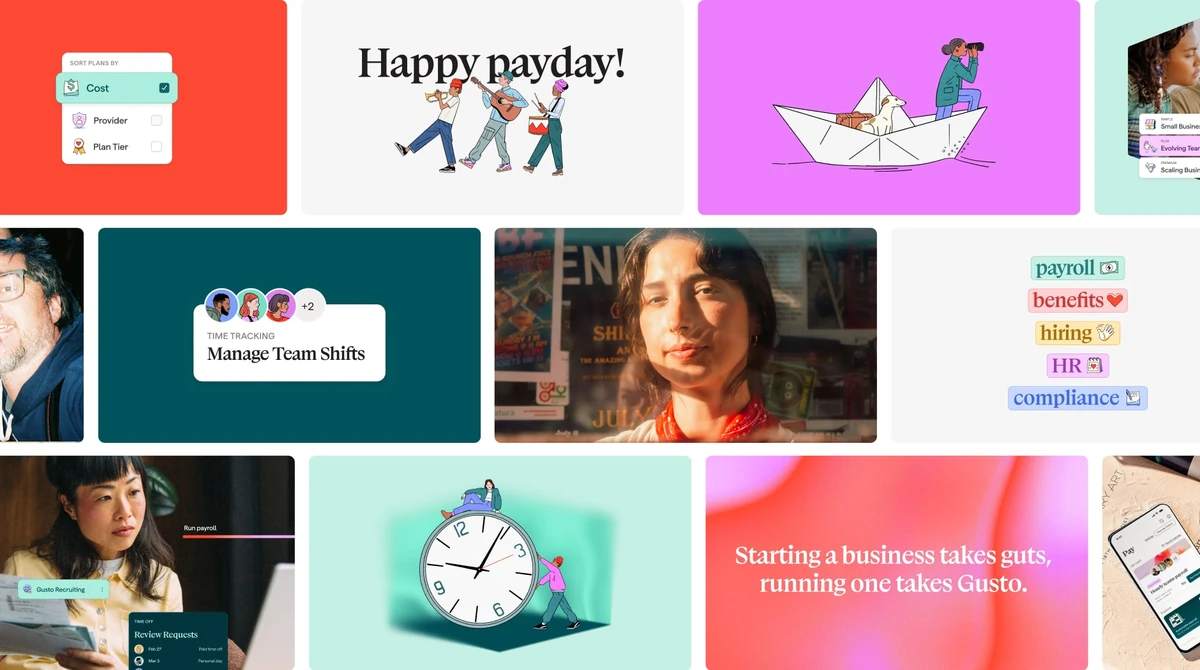 Collage de ilustraciones, fotografía y mensajes de la marca Gusto