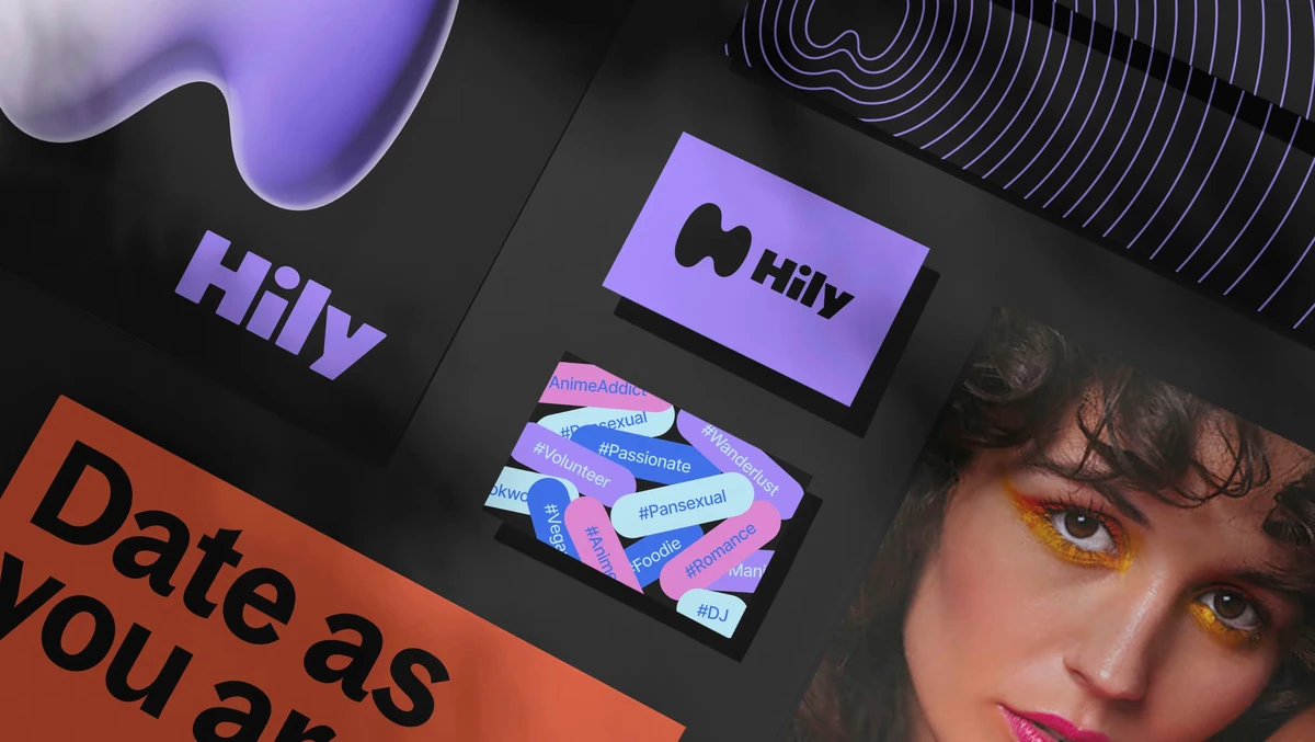 Collage de marca de Hily: «Date as you are» con retratos e insignias