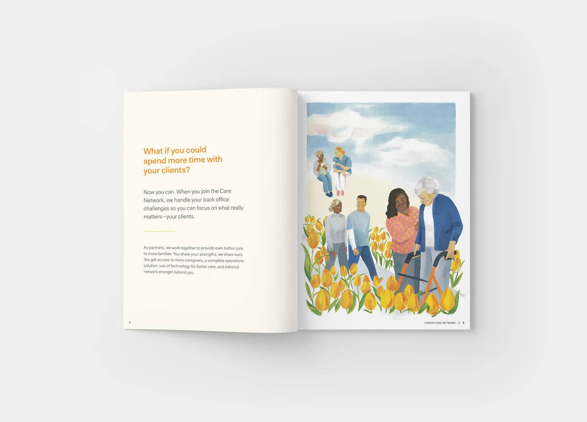 Spread from the Honor Care Network brochure with an illustration of caregivers and clients walking through yellow tulips
