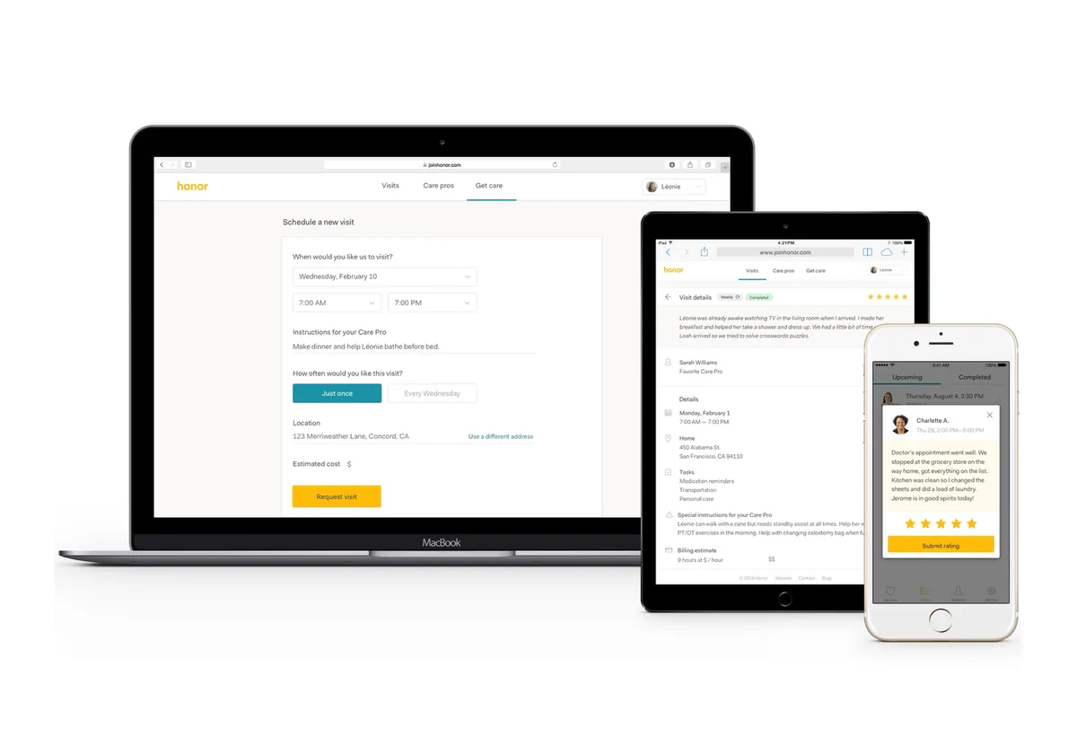 Honor care scheduling on a laptop, a tablet and a phone, with the amber request a visit button on each