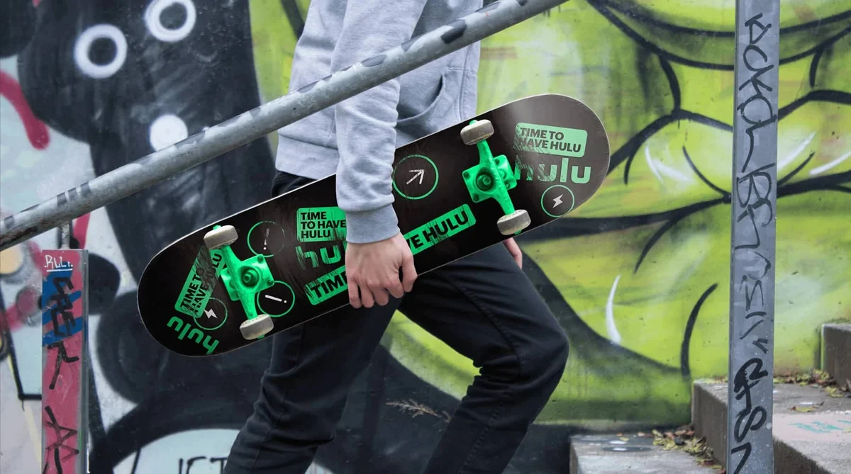 Hulu green signage with a skateboarder