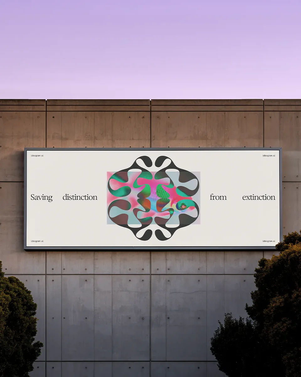 Mockup de valla publicitaria exterior para Ideogram montada en la fachada de un edificio de hormigón al atardecer, con el texto «Saving distinction from extinction» y un patrón generativo colorido dentro del isotipo del cerebro.