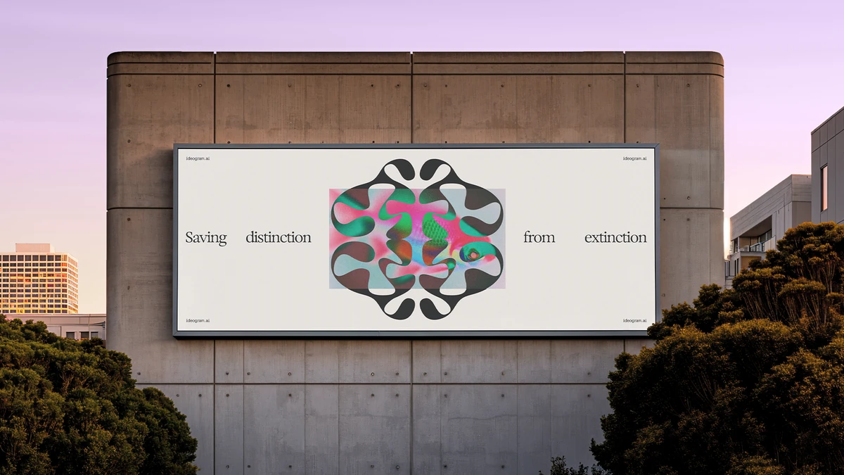 Valla publicitaria de Ideogram con su isotipo en un edificio al atardecer