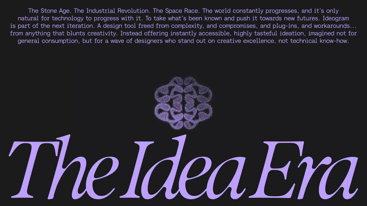 «The Idea Era» compuesto en morado sobre texto denso, campaña de Ideogram