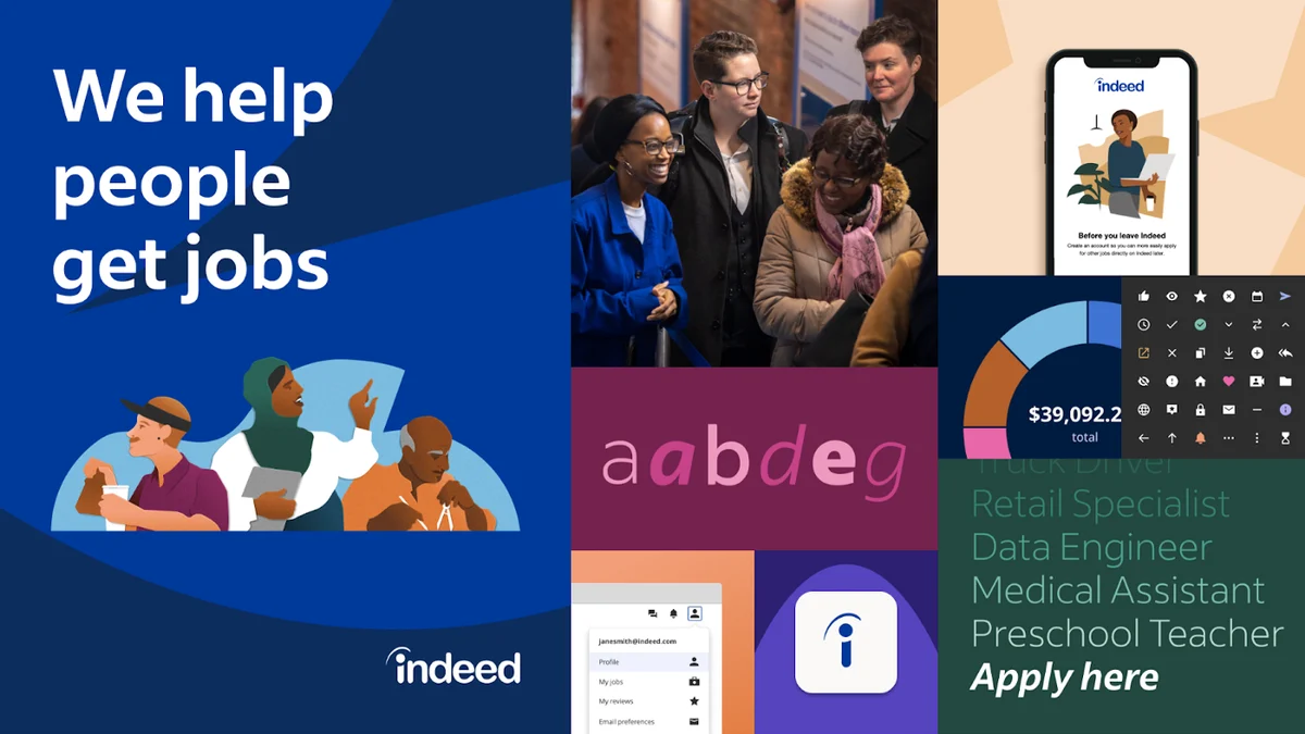 Indeed campaign collage: 'We help people get jobs'