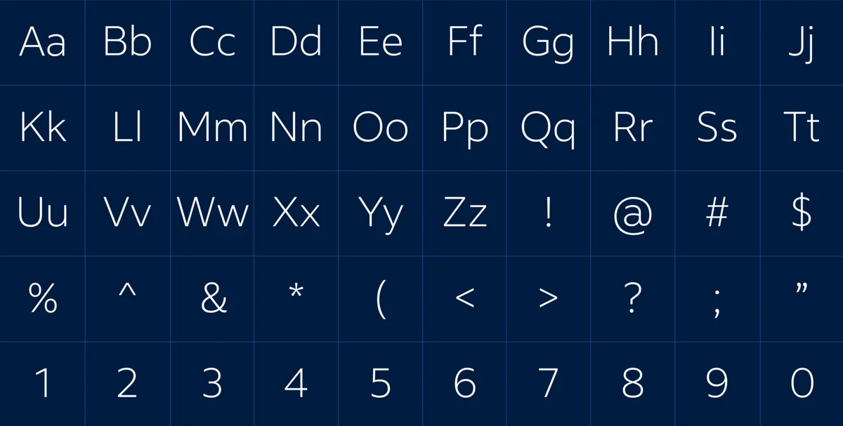 Indeed Sans character set on navy