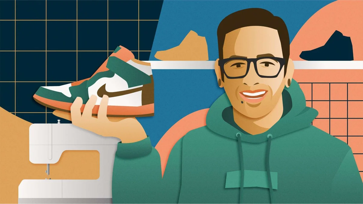 Indeed illustration: a man with glasses holding a sneaker