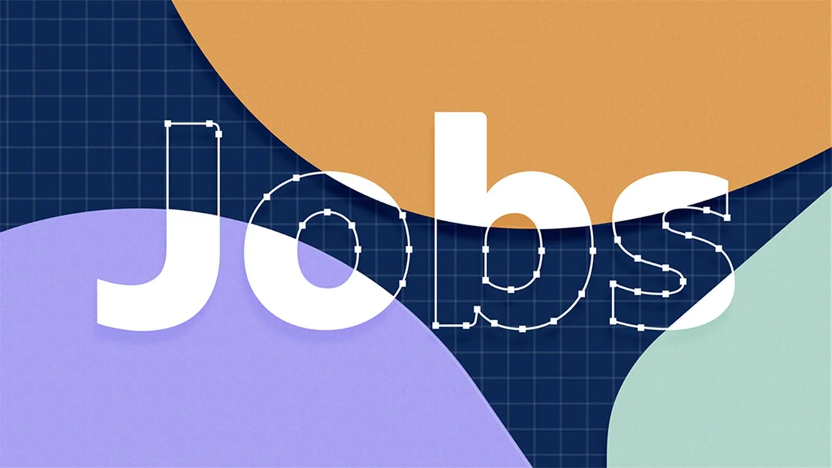 Large 'Jobs' lettering on Indeed brand shapes