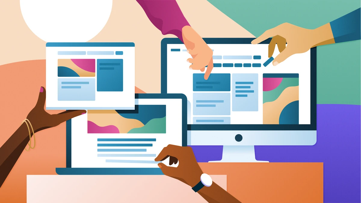 Indeed illustration of hands at computers in a hiring scene