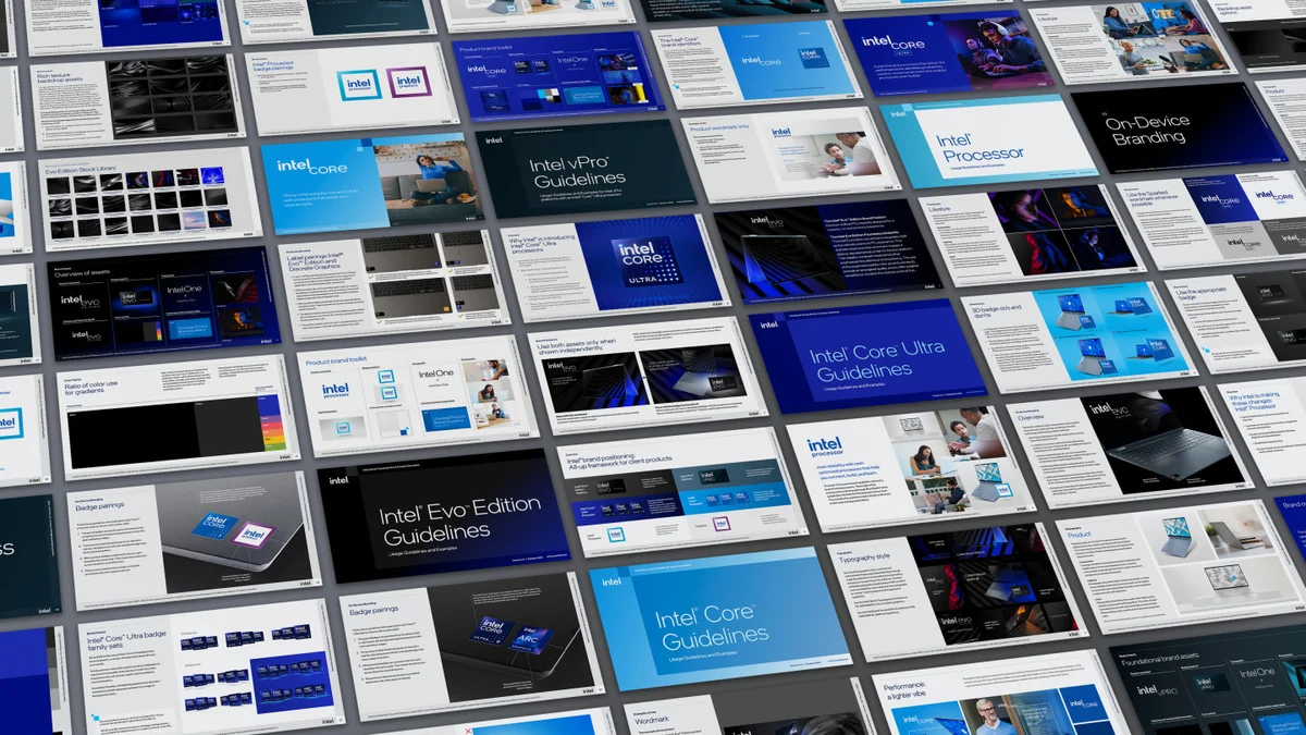 Grid of Intel brand layouts in perspective